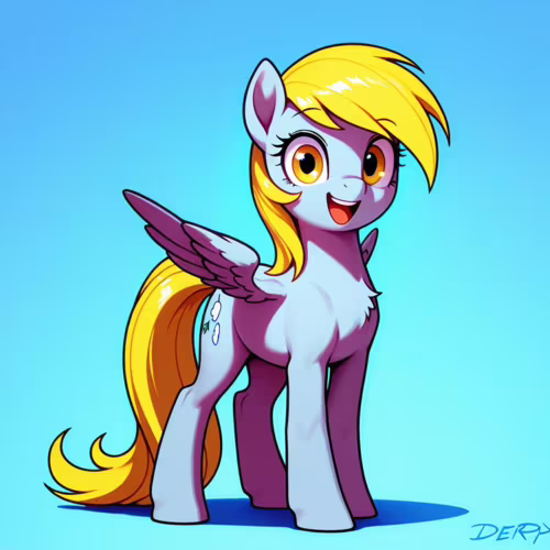 Ilustración digital de cuerpo entero del personaje Derpy Hooves, de la serie My Little Pony. Es una yegua gris, de la raza Pegaso, con una melena y cola rubias, y está sonriendo alegremente mientras está de pie frente a un fondo azul.
