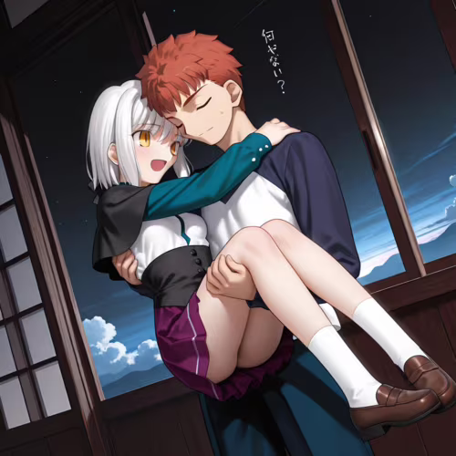 Emiya Shirou, de Fate/stay night, lleva con delicadeza a Tojou Koneko, de High School DxD, en brazos, en una habitación con poca luz, mientras que por la ventana que hay detrás de ellos se puede ver un cielo nocturno estrellado.