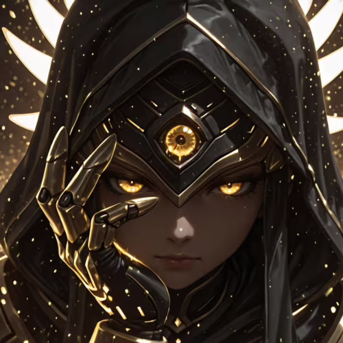 Un retrato en primer plano del personaje Justicar Syndra, de League of Legends. Tiene unos ojos amarillos brillantes y lleva una capucha negra sobre una elaborada pieza para la cabeza, de color negro y dorado, con un símbolo que representa un tercer ojo. Sostiene una mano metálica, protegida con una armadura, cerca de su rostro, sobre un fondo de partículas brillantes.