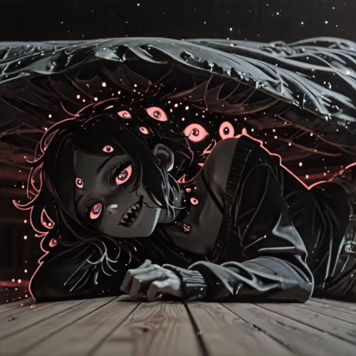 Una ilustración oscura y escalofriante de Ashley Graves, del libro «El ataúd de Andy y Leyley», transformada en un monstruo. Está tendida en un suelo de madera, debajo de una cama, y tiene muchos ojos rojos brillantes y una sonrisa con dientes afilados.
