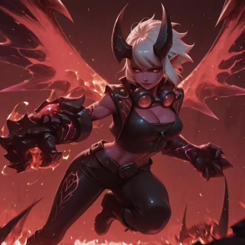 Una ilustración digital de Demon Vi, de League of Legends: una poderosa demonio con cabello blanco, piel rosada, grandes cuernos y alas rojas brillantes, que se lanza hacia adelante con un enorme guante en un paisaje llameante.