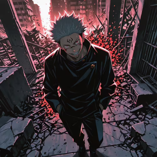 Ryomen Sukuna, de Jujutsu Kaisen, de pie en una ciudad devastada, sonríe con una expresión amenazante mientras mira a la cámara desde un ángulo elevado.