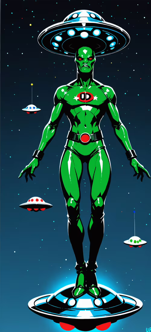Ilustración de cuerpo entero de un alienígena musculoso, de piel verde, vestido con...