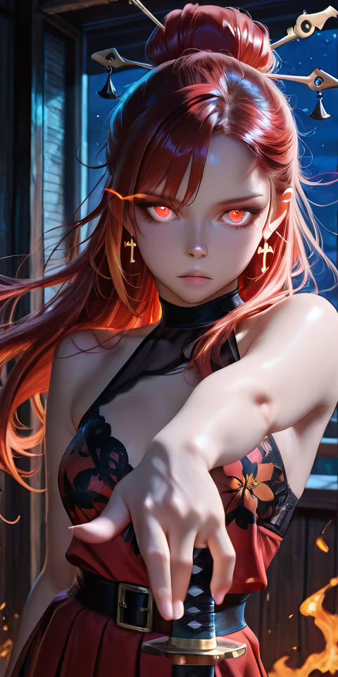 Una chica de anime, con el pelo corto y rojo y unos ojos rojos que brillan, extiende... Alcatel 1C 2019
