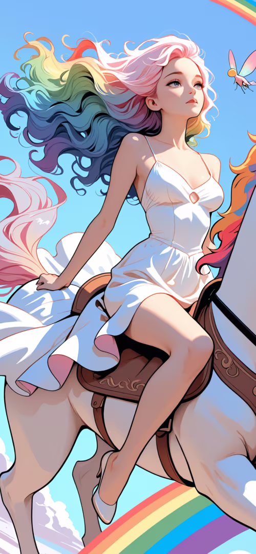 Una joven con el pelo de colores del arcoíris y unas grandes y coloridas alas cabalga...