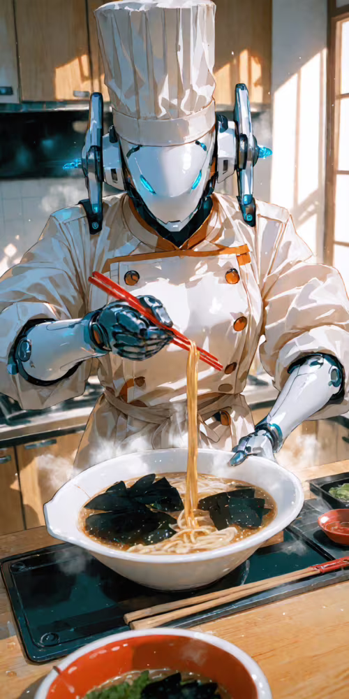 Un robot blanco y futurista, vestido con el uniforme completo de un chef, incluido... Asus ROG Phone