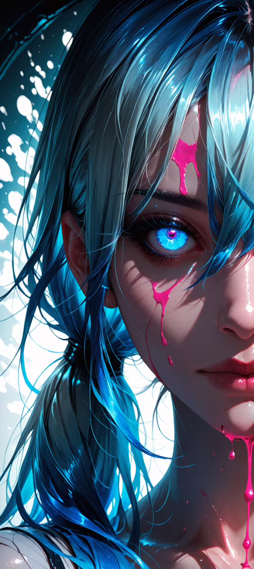 Un retrato en primer plano de una joven con el pelo teñido de rosa y azul, recogido... Samsung Galaxy A71