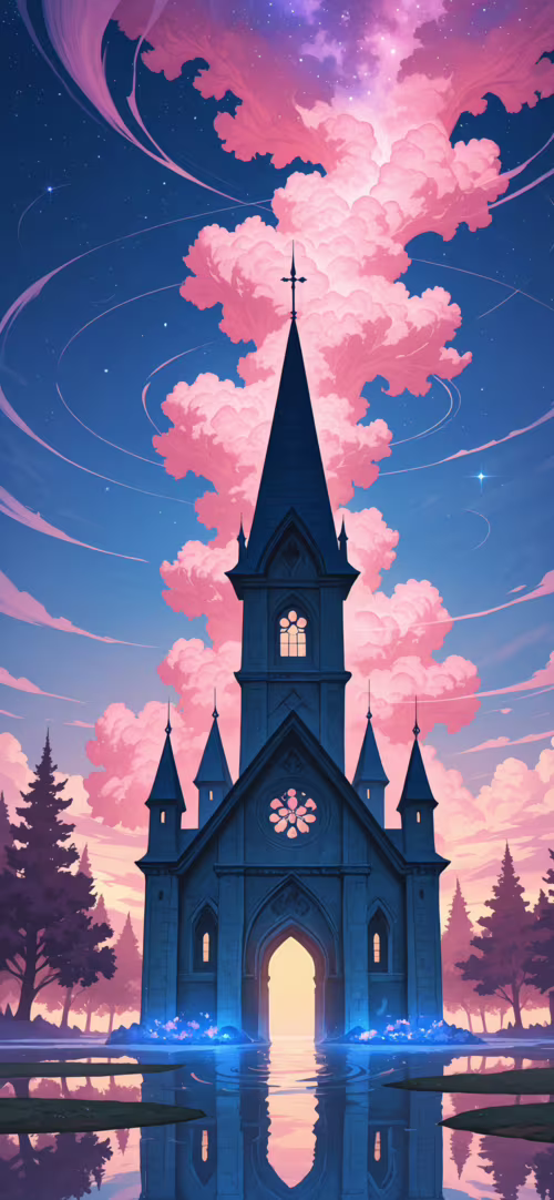 Una ilustración digital de fantasía que representa una oscura y gótica catedral a...