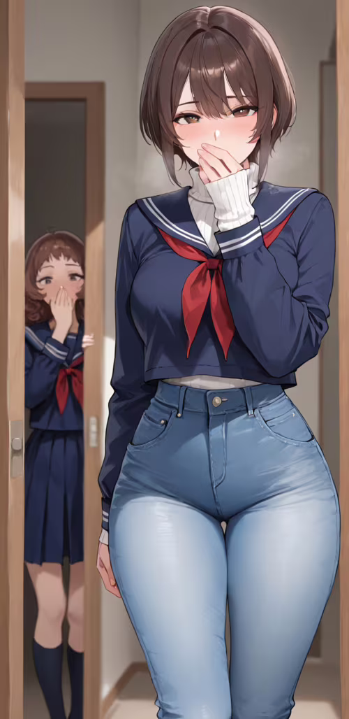 Una chica de estilo anime, con el pelo corto y castaño, lleva un jersey de punto... Teléfono