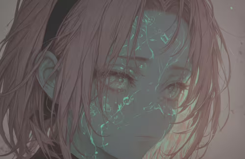 Un retrato artístico de Sakura Haruno, de la serie Naruto, con el pelo rosa y unos... Teléfono