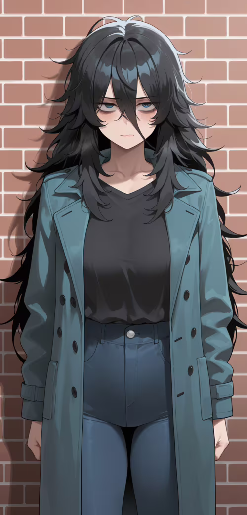 Una chica de estilo anime, con el pelo largo y negro despeinado y unos ojos azules...