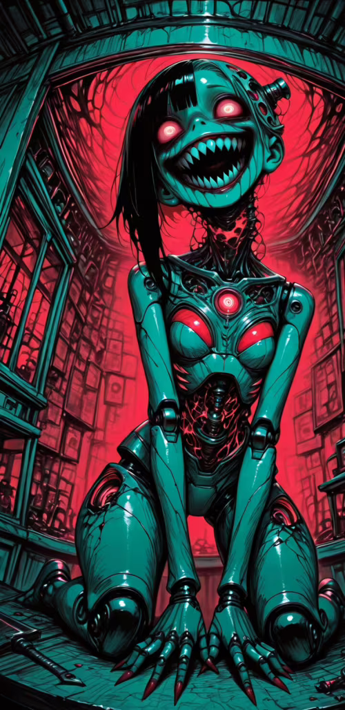 Una robot femenina de piel pálida, con una amplia sonrisa que muestra sus dientes... Samsung Galaxy A6