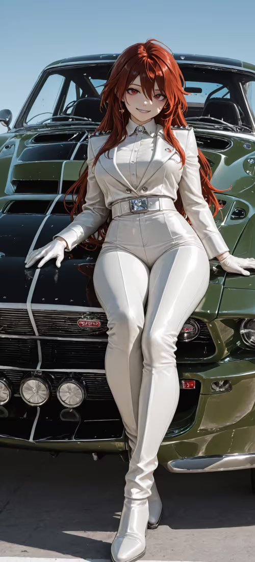 Vista frontal de un Ford Mustang antiguo, muy modificado, de un color verde intenso,...