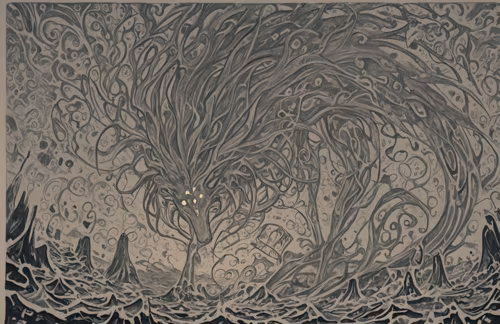 Una pintura abstracta con un fondo oscuro cubierto por una densa y compleja red de... Teléfono