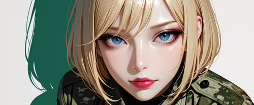 Una ilustración detallada de una hermosa soldado con un corte de pelo corto y rubio... Teléfono