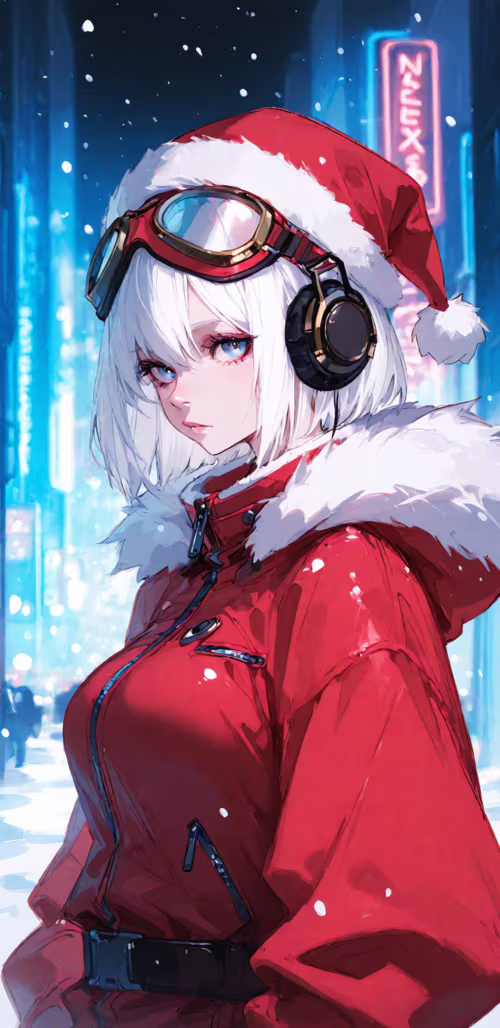 Una chica de anime con el pelo corto y blanco y los ojos rojos, que lleva puesto...