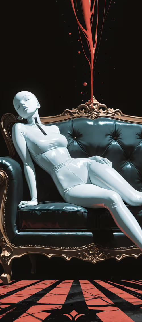 Una mujer, con un llamativo tocado negro de formas puntiagudas y un ajustado traje... Oppo A53s 5G