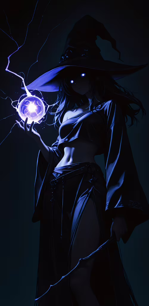 Una bruja de estilo anime, con el pelo largo y oscuro y un gran sombrero puntiagudo,...