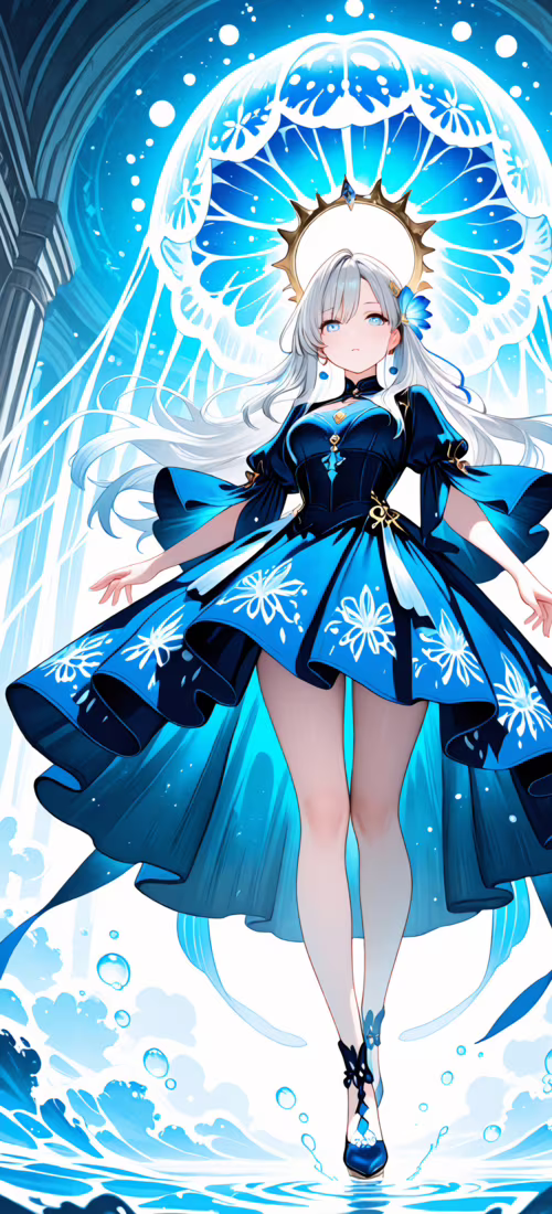 Una chica de anime, con el pelo largo y plateado y un vestido azul oscuro, está de... Huawei P40 Pro plus