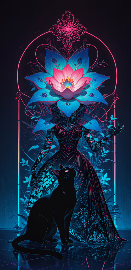 Un gato negro está de pie sobre un suelo de neón con diseños, frente a un gran jarrón... Samsung Galaxy A6