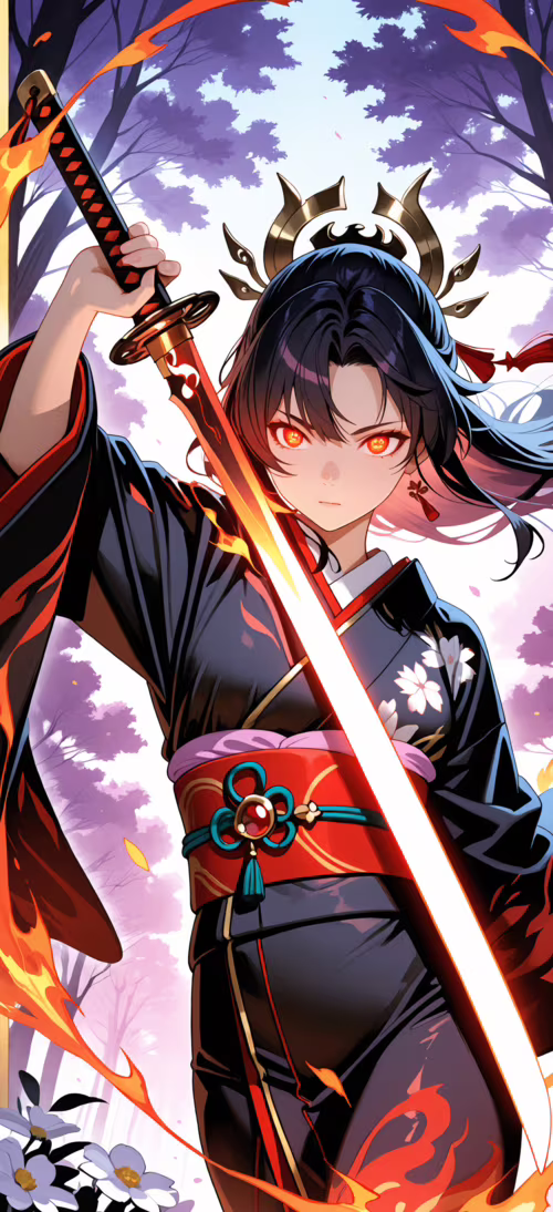 Una guerrera de estilo anime, con el pelo largo y oscuro, un tocado negro con puntas... Honor Magic6 Pro