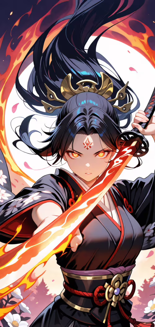 Una guerrera de estilo anime, con el pelo largo y oscuro, un tocado negro con puntas... Nokia 5 dot 1 Plus