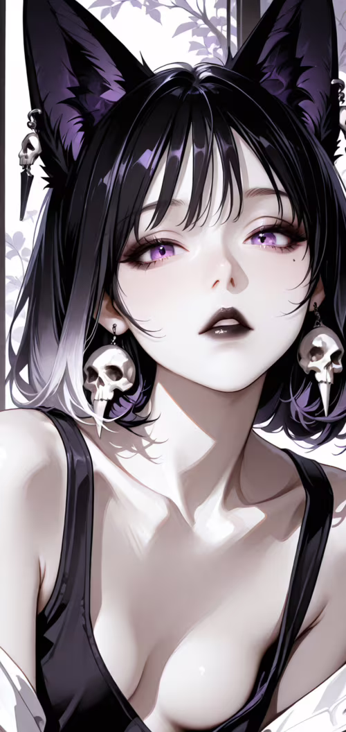 Una ilustración de estilo anime que representa a una chica con orejas de zorro negras,...