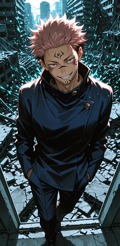 Ryomen Sukuna, de Jujutsu Kaisen, de pie en una ciudad devastada, sonríe con una... Huawei Mate 40 Pro plus