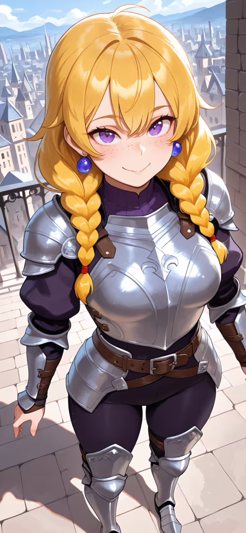 Una joven caballero, de cabellos rubios recogidos en trenzas y ojos morados, ataviada...