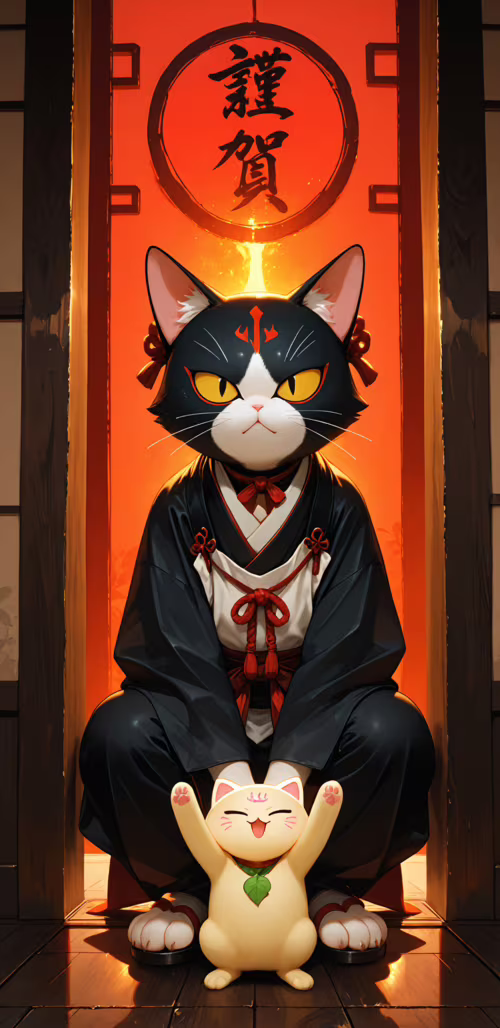 Una ilustración de estilo anime que representa un gato atigrado de blanco y negro,...