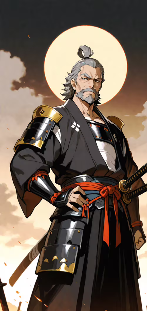 Una ilustración de estilo anime que representa a un anciano samurái, musculoso, con...