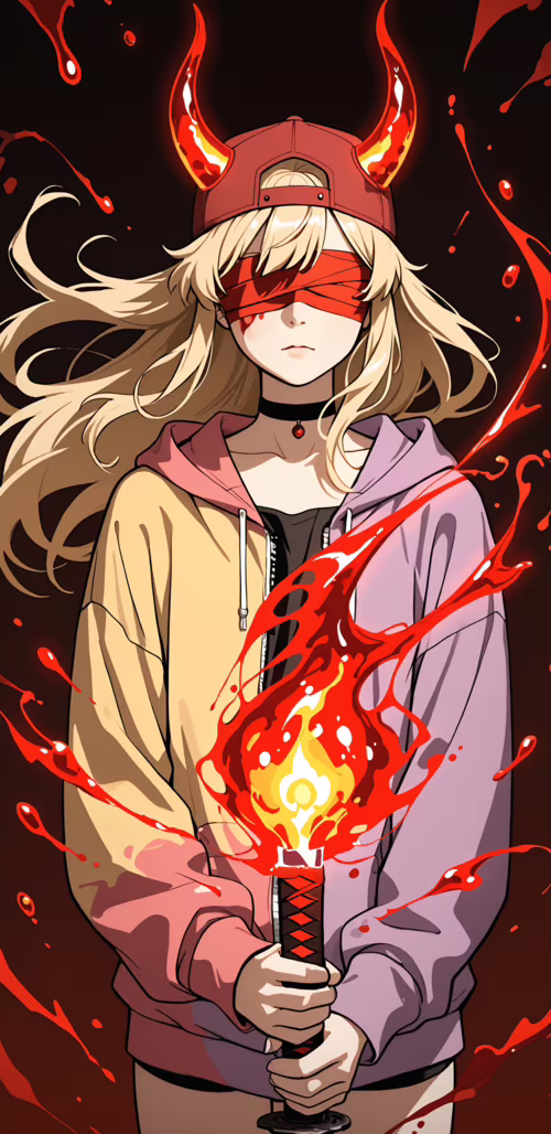 Una chica de anime con el pelo largo y rubio, una gorra roja que lleva al revés y... Samsung Galaxy A6