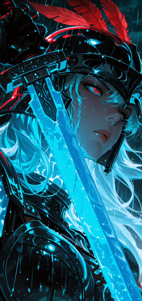 Un retrato al estilo anime de una guerrera con el pelo largo y blanco y unos ojos... Nokia 5 dot 1 Plus