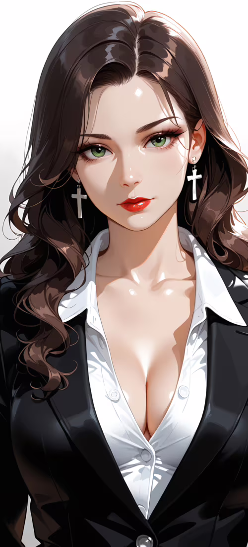 Una mujer hermosa, de cabello largo y castaño, ojos verdes y labios pintados de rojo,... realme GT 6