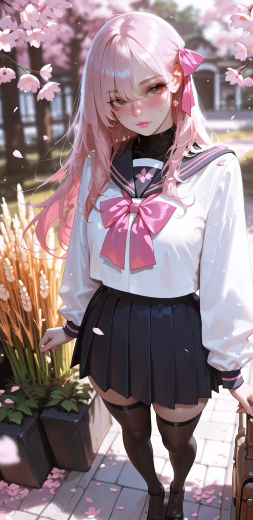 Una ilustración de estilo anime que representa a una chica con el pelo largo y rosa,...