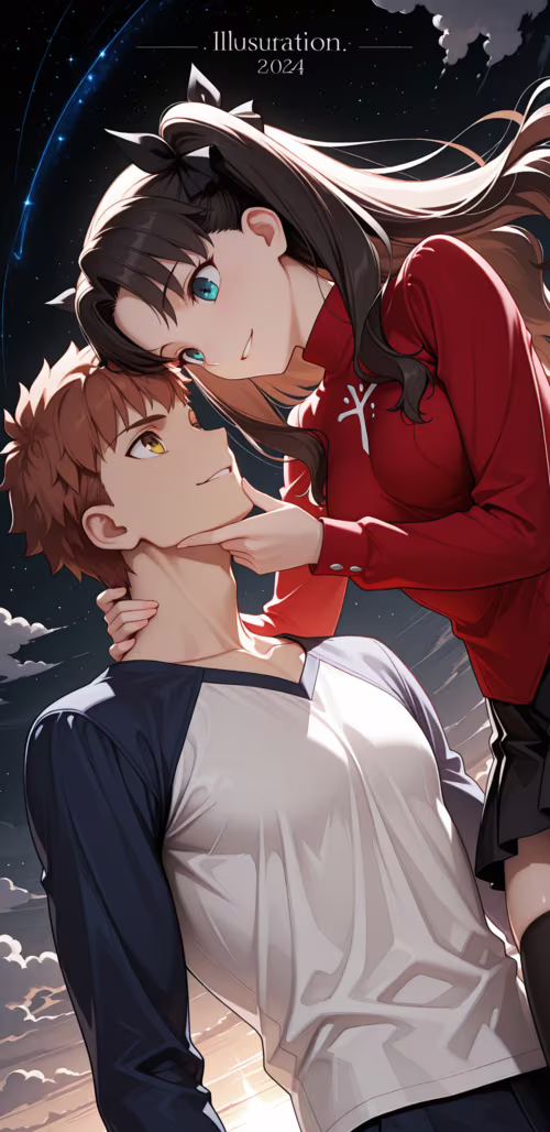 Una ilustración de estilo anime que muestra a Tohsaka Rin y Emiya Shirou, de Fate/stay...