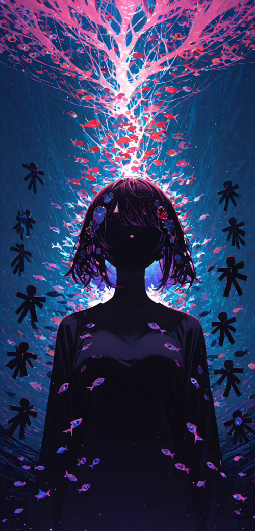 Una chica de estilo anime, con el pelo oscuro y unos ojos amarillos brillantes, está... Alcatel 3C