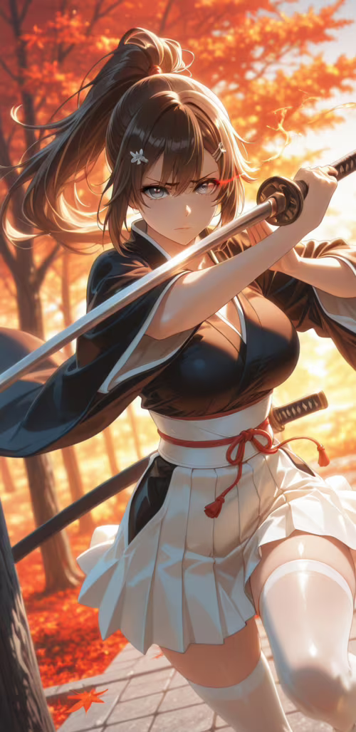 Una chica de anime, con el pelo largo y castaño recogido en una coleta y una expresión...