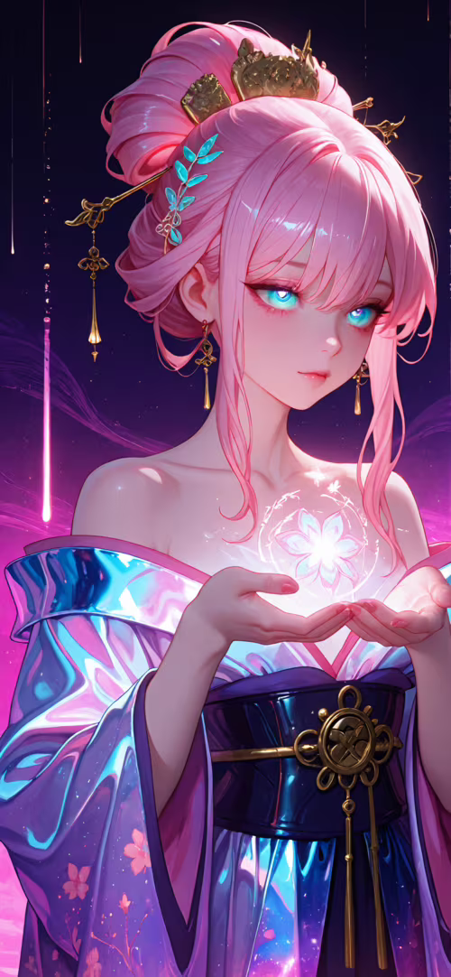 Una hermosa mujer de estilo anime, con el cabello rosa recogido en un elaborado peinado,...