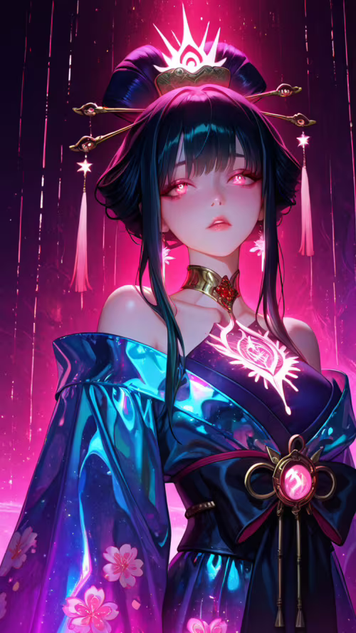 Una hermosa mujer de estilo anime, con el cabello rosa recogido en un elaborado peinado,... Lenovo Vibe B