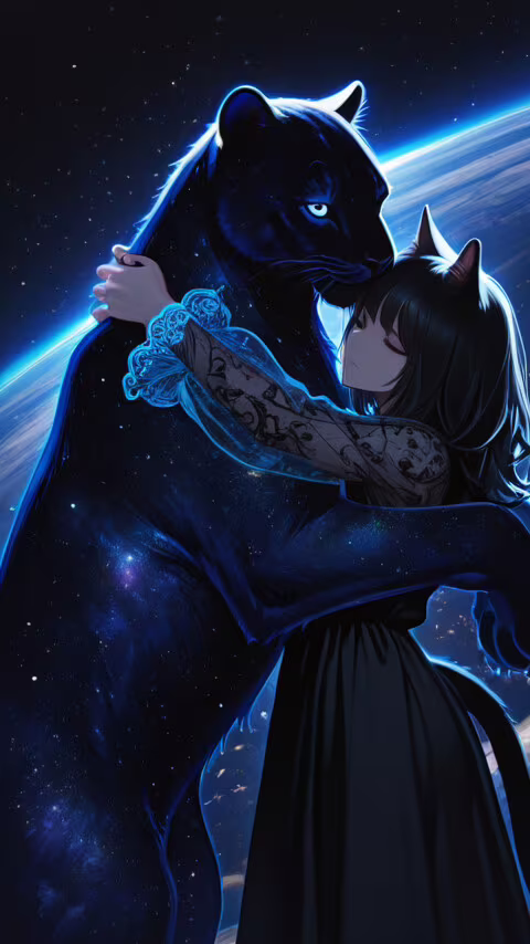 Una chica con apariencia de gato al estilo anime, con el pelo corto y negro y un... Lenovo Vibe B