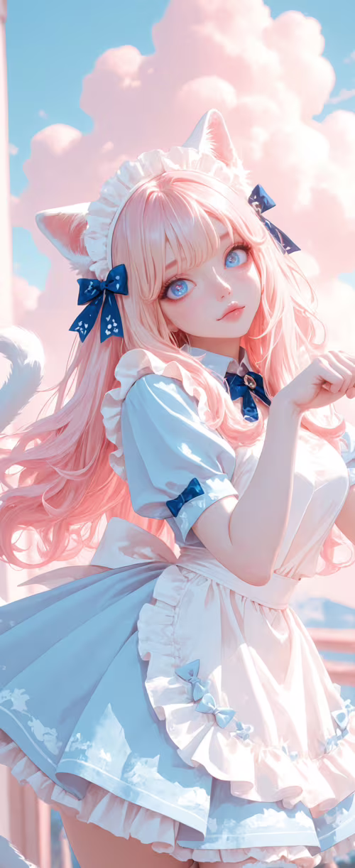 Una chica de anime con el pelo largo y rosa, ojos azules y orejas y cola de gato... Samsung Galaxy Z Flip3 5G