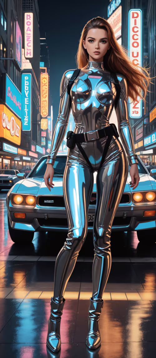 Ilustración completa de una mujer con un traje de combate futurista, de color negro... Poco C40