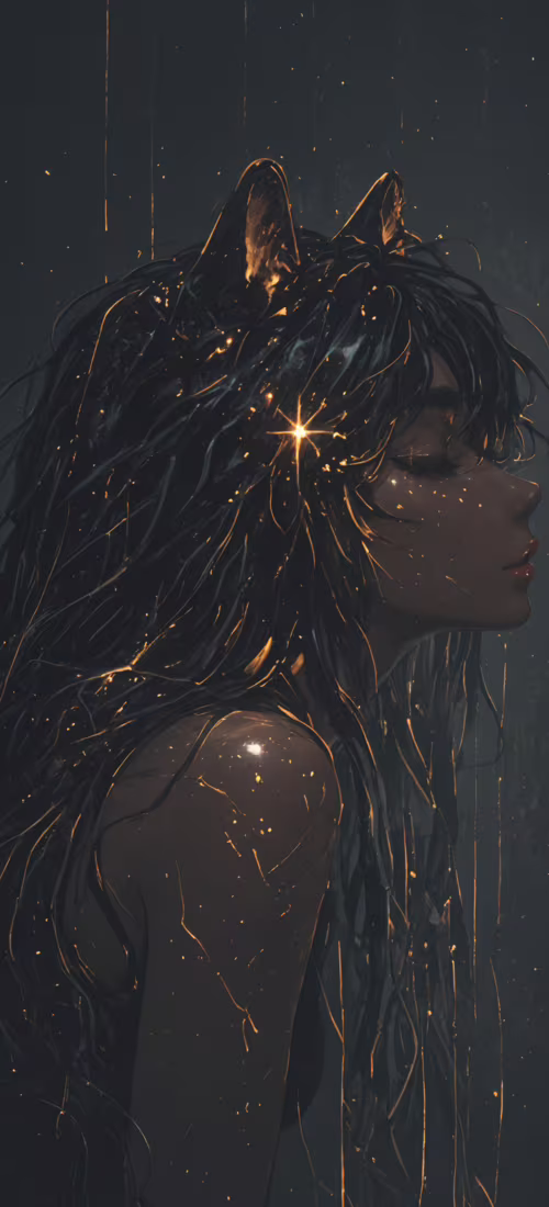 Una pintura digital que representa a una joven serena, de cabello largo y negro y...