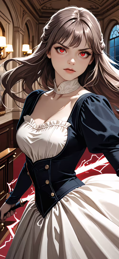 Una mujer con un estilo de anime, de cabello largo y castaño y penetrantes ojos rojos,... Lenovo Z6 Youth Edition