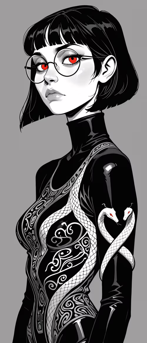 Un retrato artístico de una mujer con un corte de pelo corto y negro, gafas redondas... Sony Xperia 10 Plus