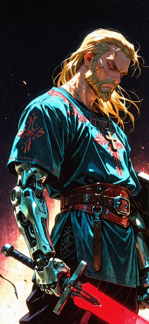 Una ilustración digital de un guerrero rubio, con barba y ojos rojos brillantes,... Apple iPhone 11 Pro Max