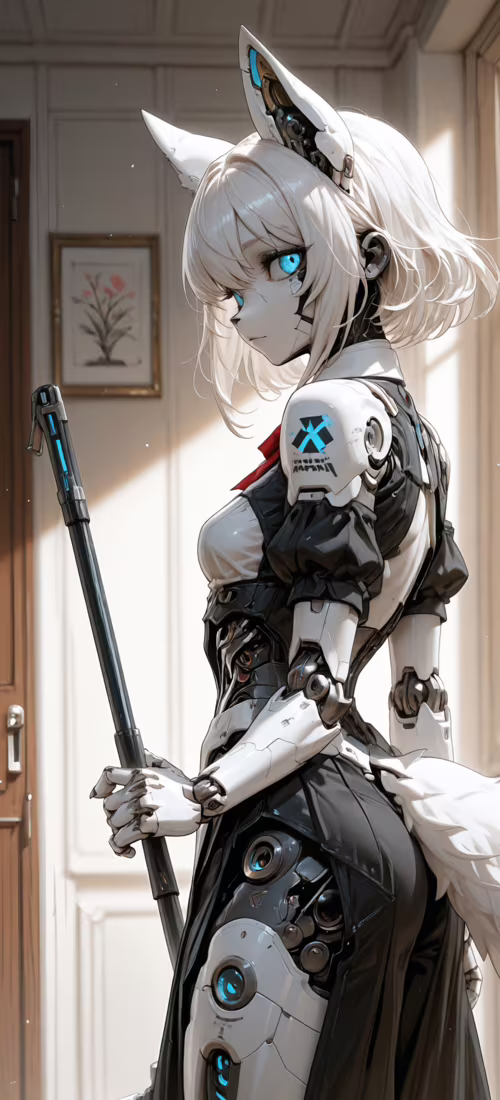 Una ilustración digital de una mujer cyborg con cabello blanco, ojos azules brillantes... realme GT 6