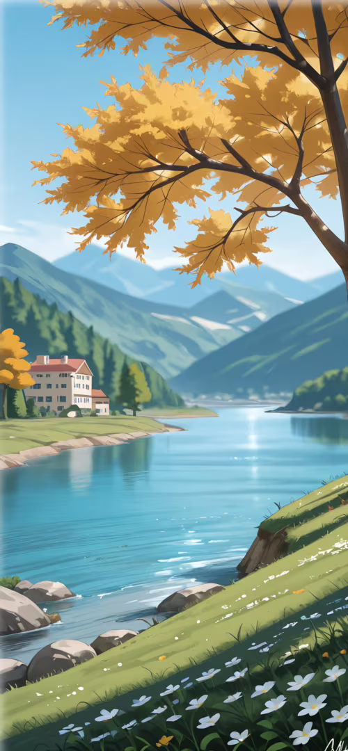 Una pintura digital de estilo anime que representa un paisaje sereno. Un gran árbol... Apple iPhone XR