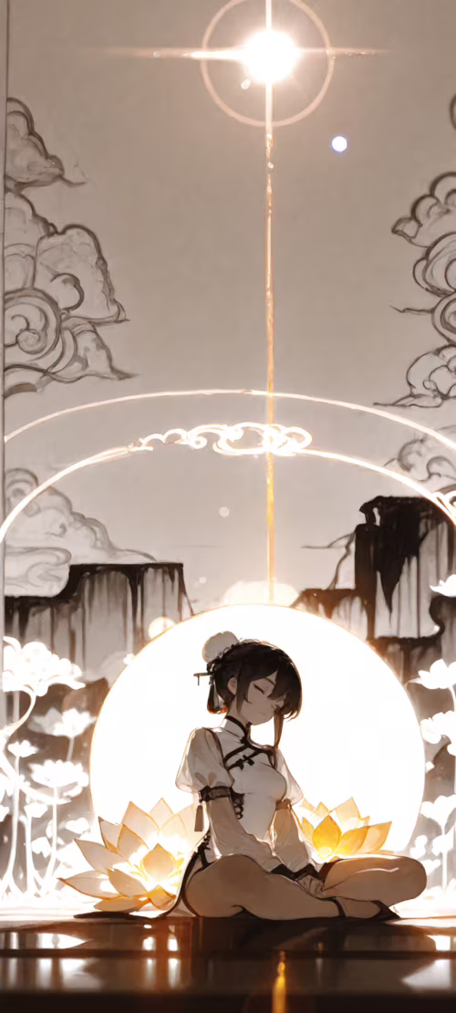 Una chica de anime con el pelo blanco recogido en dos moños medita en posición de... Oppo A53s 5G